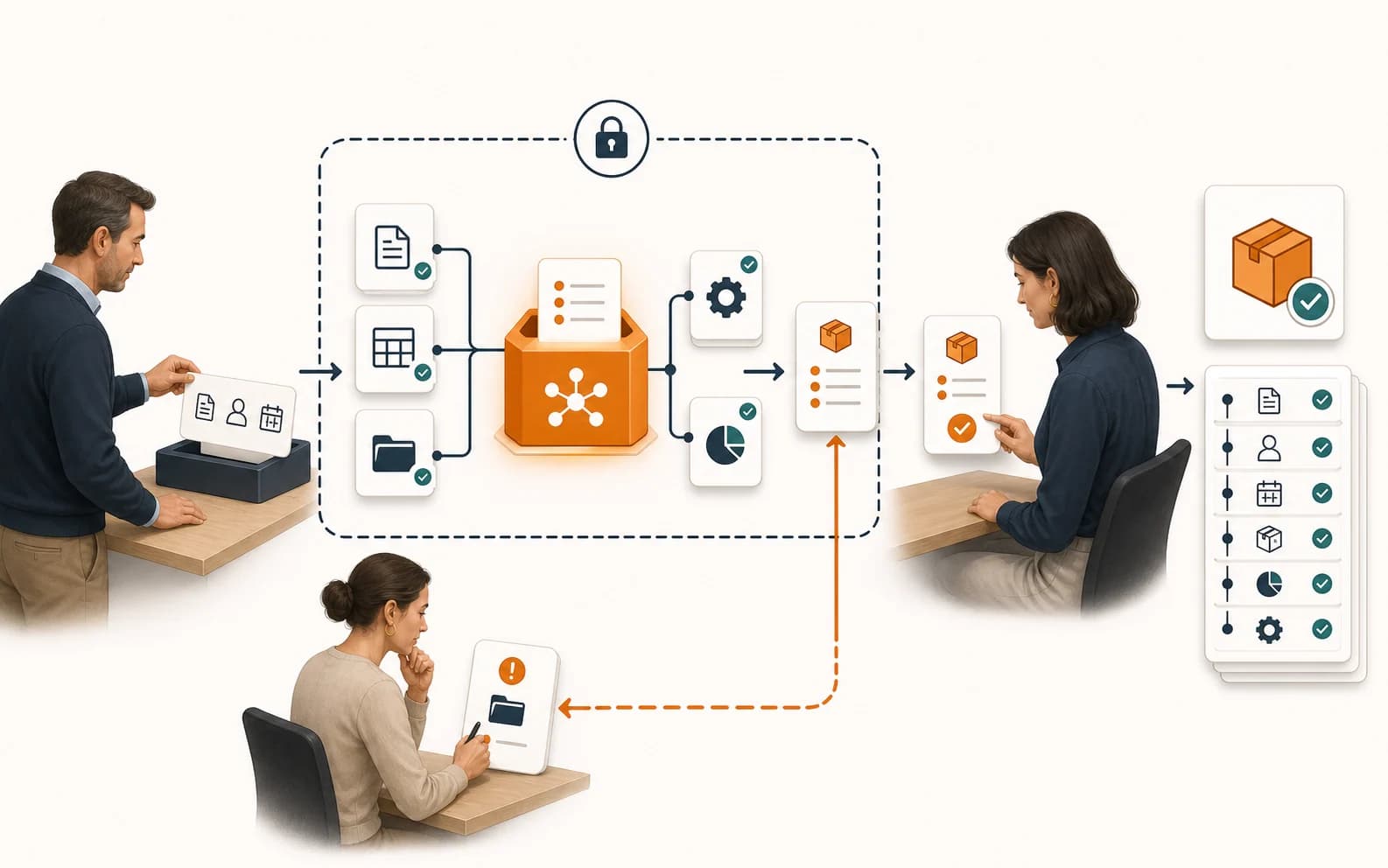 A business request enters a permission-limited AI Agent workspace, moves to human approval, and becomes a completed result with an activity record while an exception is handed back to a person.