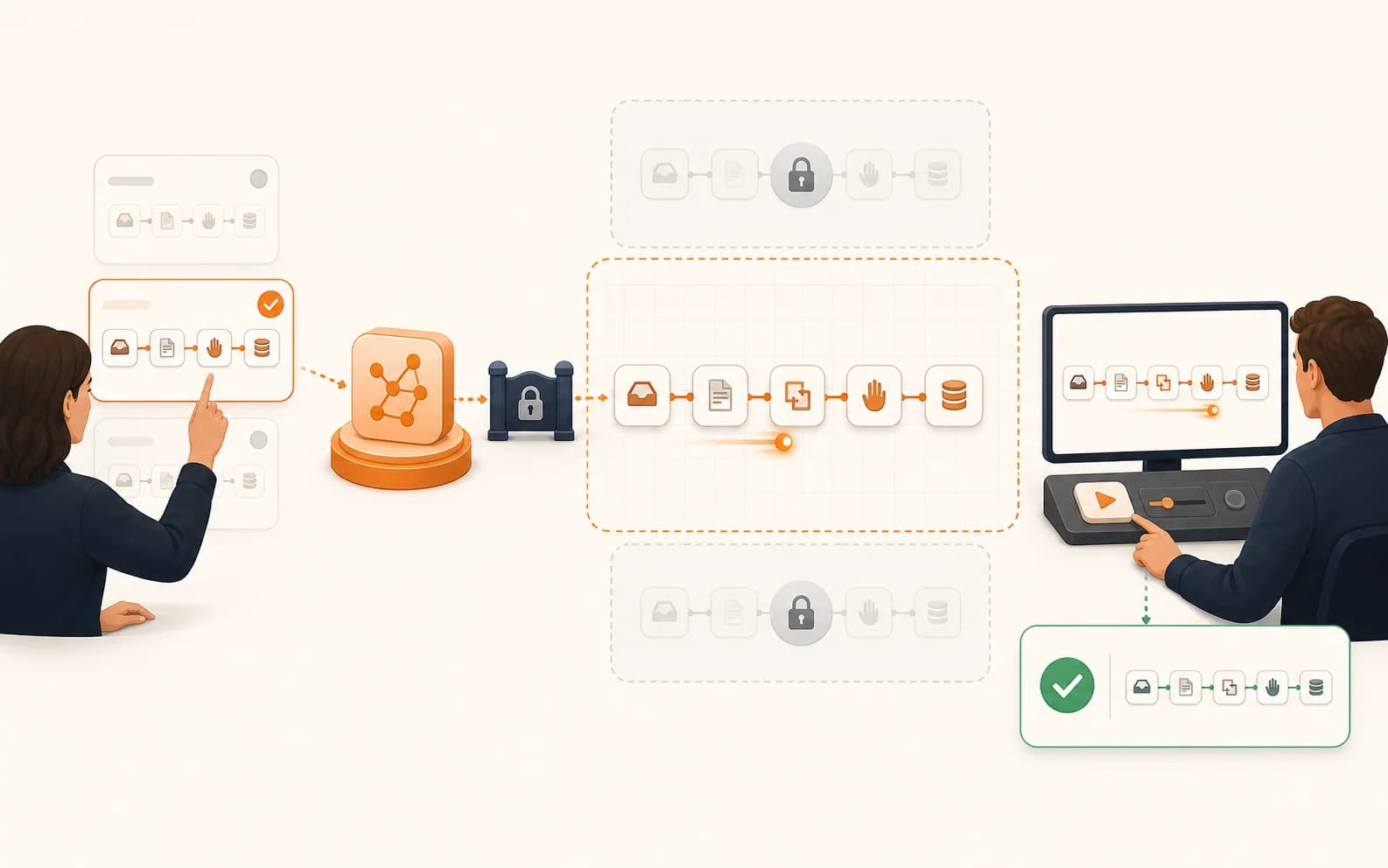 An operator selects one approved workflow, an AI Agent builds inside its restricted boundary, and a person tests the workflow before approval.