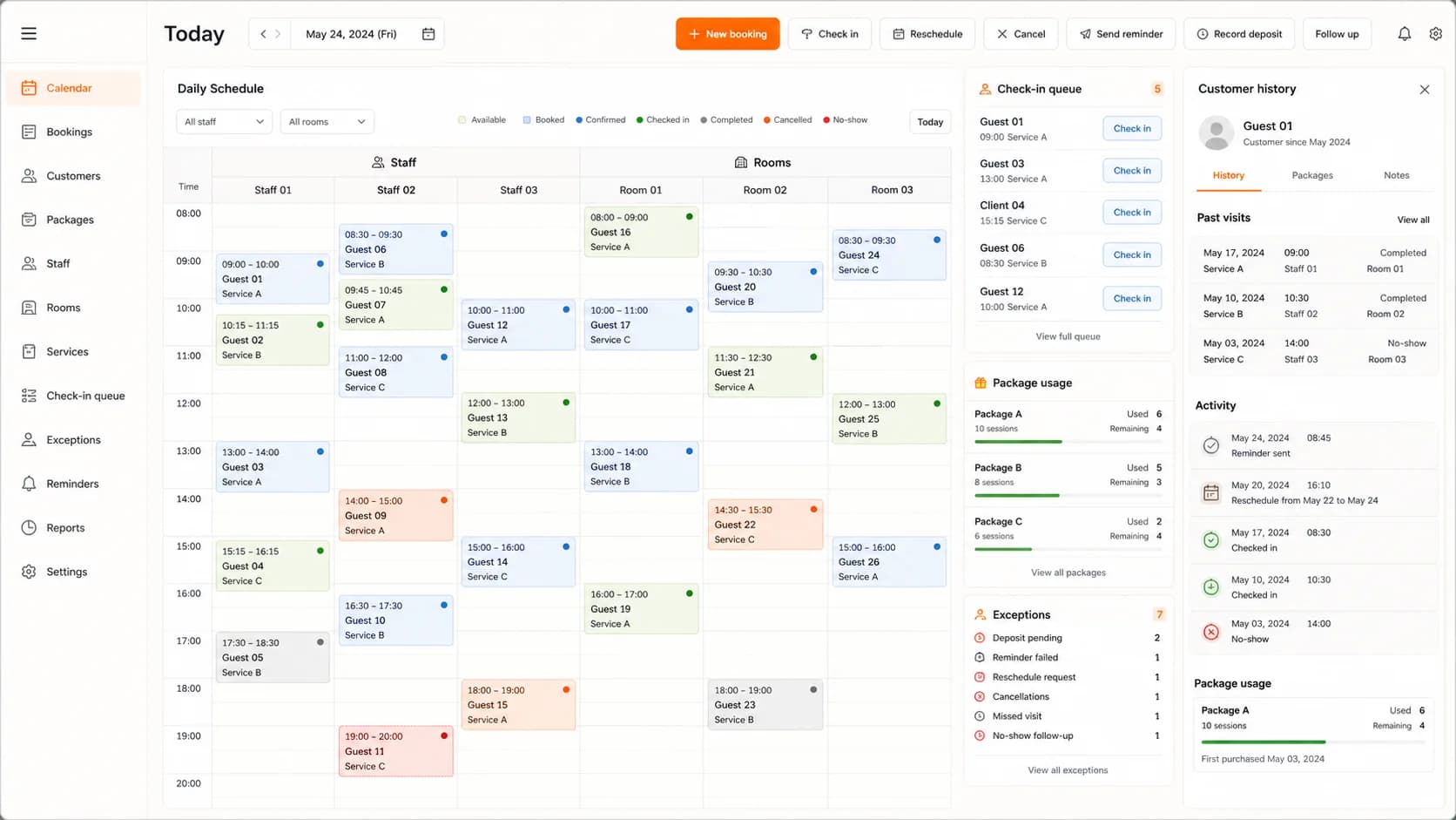 LaPage appointment and service-package interface with a daily schedule, room and staff resources, check-in queue, package usage, and exceptions.