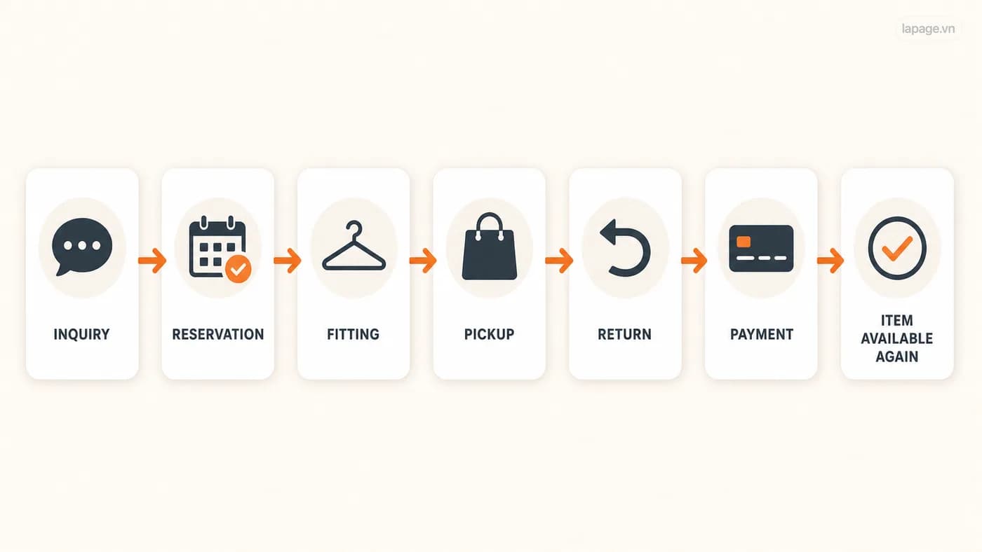 LaPage rental workflow showing enquiry, reservation, fitting, pickup, return, payment, and the item becoming available again.